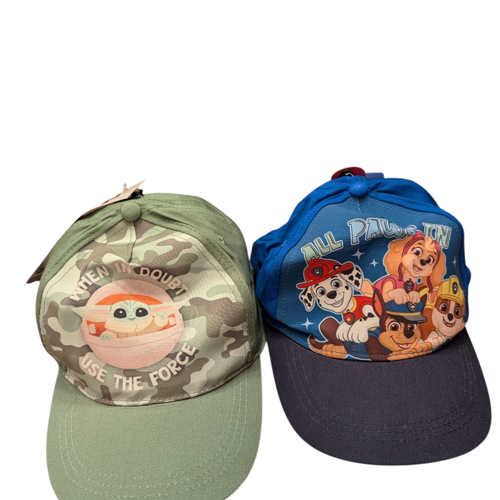 2 child size hats. A Star Wars, Mandalorian, and a Pal Patrol blue hat.